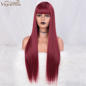 Vigorous Long Silky Straight Red Lace Front Synthetic Wigs With Bangs For Women 28 Inches Glueless High Temperature Hair Wig